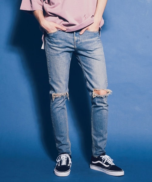 <monkey time> DISTRESD S/SLV DENIM SKINNY PANTS/14OZ赤耳丹寧刷破窄管褲