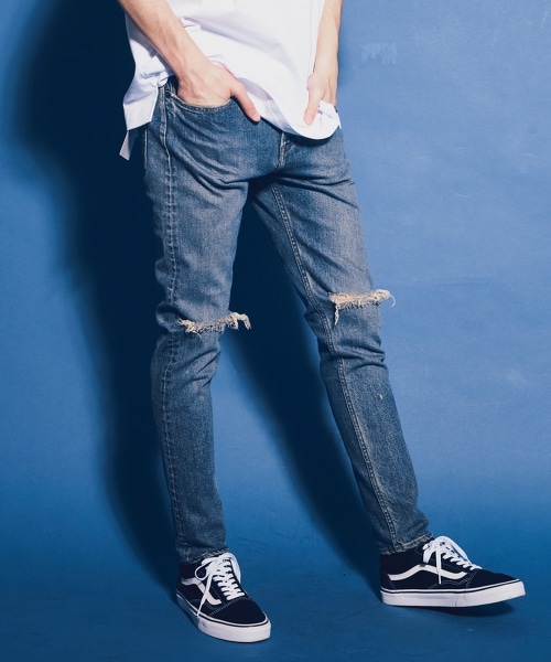 <monkey time> DISTRESD S/SLV DENIM SKINNY PANTS/14OZ赤耳丹寧刷破窄管褲