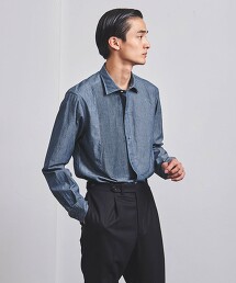 粗藍布細褶胸飾 寬角領襯衫 日本製