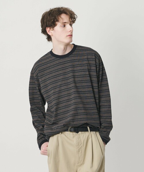 交錯橫條紋蓬鬆袖圓領上衣 日本製