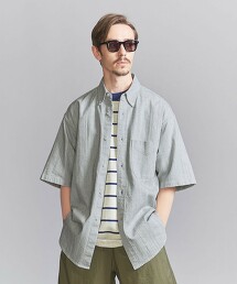 混色丹寧釦領寬鬆短袖襯衫