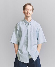 混色丹寧釦領寬鬆短袖襯衫