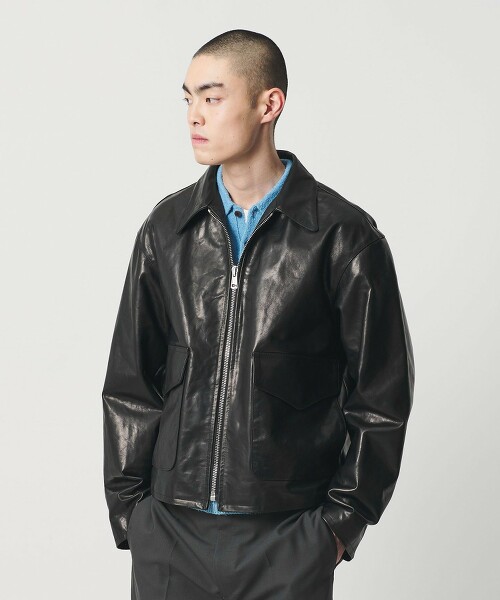 ＜H＞牛皮革拉鍊外套