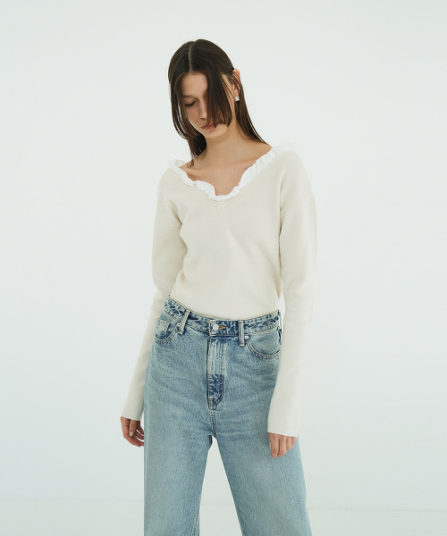 TW CLANE 2WAY FRILL V NECK KNIT TOPS