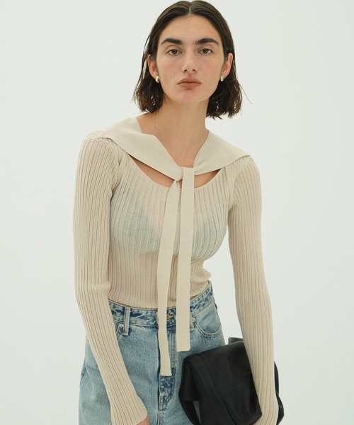 TW CLANE SHEER RIB RIBBON KNIT TOPS 透膚羅紋綁結上衣