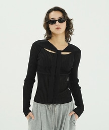 TW CLANE SHEER RIB RIBBON KNIT TOPS 透膚羅紋綁結上衣