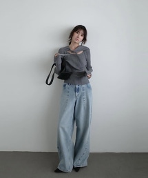 TW CLANE SHEER RIB RIBBON KNIT TOPS 透膚羅紋綁結上衣