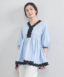 打摺荷葉邊V領短袖襯衫
