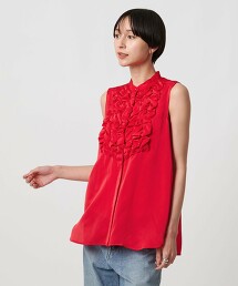 緞面荷葉邊無袖罩衫  