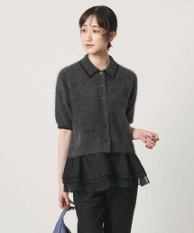 狐狸絨羊絨歐根紗拼接Polo針織衫