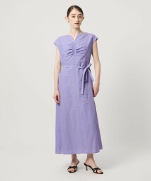 亞麻縮褶開襟領洋裝