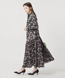 緞面花朵印花領結洋裝