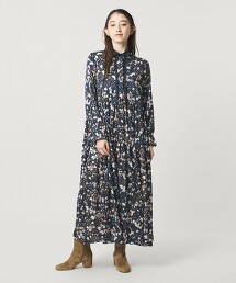 緞面花朵印花領結洋裝