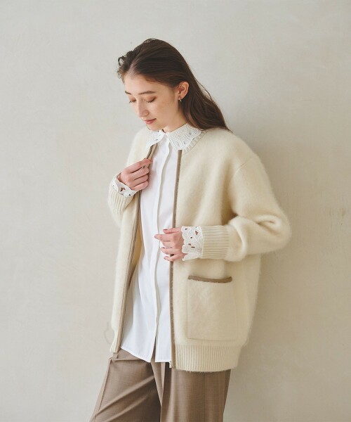 FOX喀什米爾羊毛 滾邊開襟衫