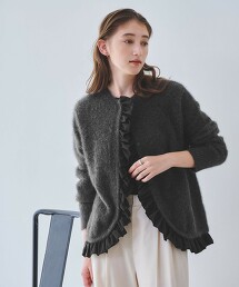FOX喀什米爾羊毛 荷葉邊拼接開襟衫