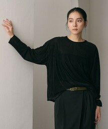 天鵝絨條紋透膚長袖上衣