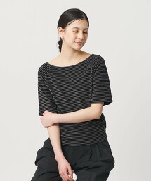 棉拉絨橫條紋5分袖上衣 日本製