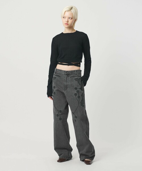 ＜H＞刺繡牛仔長褲