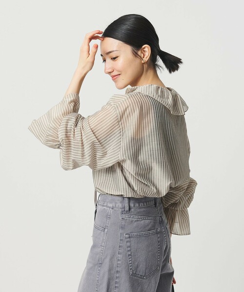 條紋荷葉開襟領罩衫  