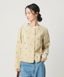 天鵝絨刺繡無領西裝外套