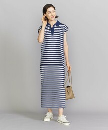 棉 橫條紋開襟領洋裝 -可手洗- 日本製