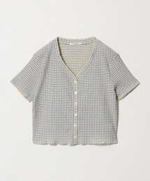 素色＆格紋V領短袖開襟衫