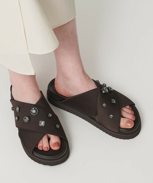 緞面交叉水鑽裸跟涼鞋