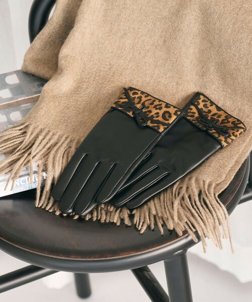 皮革×豹紋麂皮拼接蝴蝶結手套