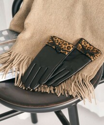 皮革×豹紋麂皮拼接蝴蝶結手套