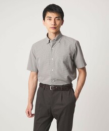 RAKKAN® 小方格格紋標準壓釦扣領彈性短袖襯衫 EASY IRON・吸水速乾