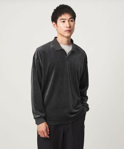 天鵝絨開襟領長袖POLO衫