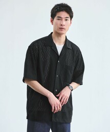 波浪網眼圖案短袖襯衫
