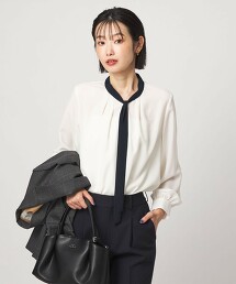綁帶領長袖罩衫   