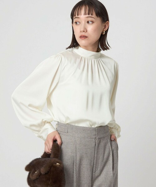 緞面立領抓皺罩衫