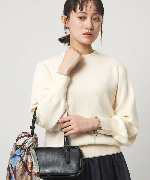 羊毛平滑瓶口領澎袖針織衫