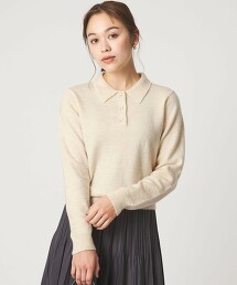 混馬海毛翻領仿珍珠針織上衣