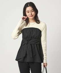 塔夫綢拼接蝴蝶結針織衫