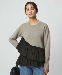 塔夫綢拼接蛋糕下擺針織上衣