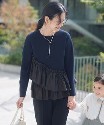 塔夫綢拼接蛋糕下擺針織上衣