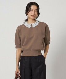 領口蕾絲2WAY5分袖針織上衣