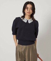 領口蕾絲2WAY5分袖針織上衣