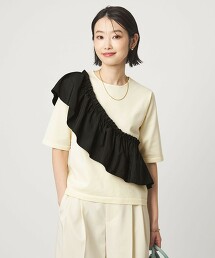 褶邊拼接5分袖針織上衣