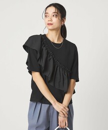 褶邊拼接5分袖針織上衣