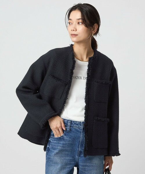 仿粗花呢混紡口袋無領外套