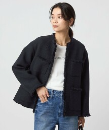 仿粗花呢混紡口袋無領外套