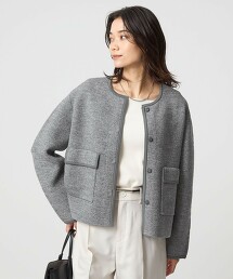 鑲邊無領針織外套 