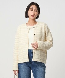 仿粗花呢無領針織外套