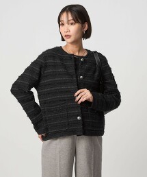 仿粗花呢無領針織外套