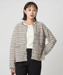 仿粗花呢無領針織外套