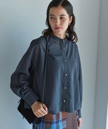 仿精梳透膚立領襯衫